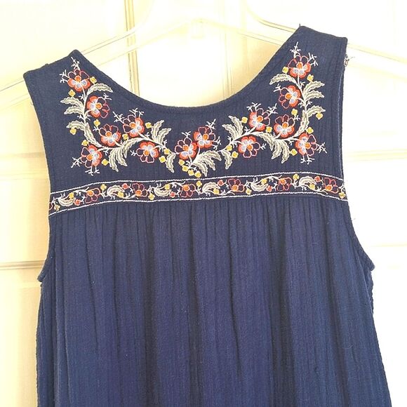 Max Studio Embroidered Sleeveless Dress Pockets Tiered Cotton Gauze XS Navy Blue - Picture 15 of 16